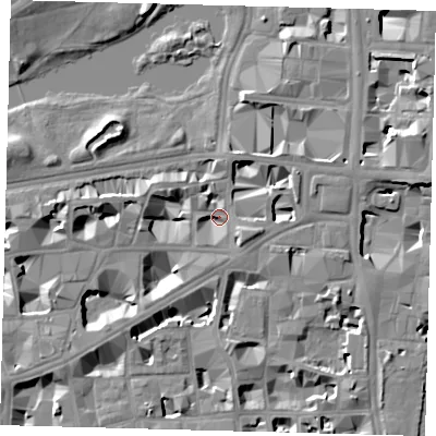 Shaded relief map of the ground around SW1H9NH, computed from Environment Agency LiDAR. The ground here sits at about 4 m above sea level and falls 10 m across the surrounding 800 m. Surface water reaching this point runs off ground lying to the east-north-east, 7.0 m higher.