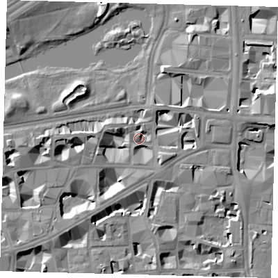 Shaded relief map of the ground around SW1H9NJ, computed from Environment Agency LiDAR. The ground here sits at about 4 m above sea level and falls 10 m across the surrounding 800 m. Surface water reaching this point runs off ground lying to the east-north-east, 7.0 m higher.