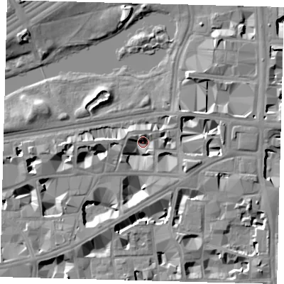 Shaded relief map of the ground around SW1H9NP, computed from Environment Agency LiDAR. The ground here sits at about 3 m above sea level and falls 9 m across the surrounding 800 m. Surface water reaching this point runs off ground lying to the west, 5.4 m higher.