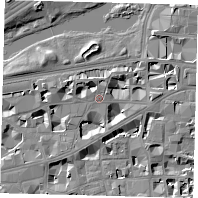 Shaded relief map of the ground around SW1H9NS, computed from Environment Agency LiDAR. The ground here sits at about 4 m above sea level and falls 10 m across the surrounding 800 m. Surface water reaching this point runs off ground lying to the west-north-west, 5.0 m higher.