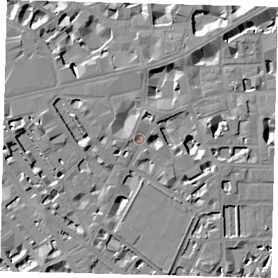 Shaded relief map of the ground around SW1P1BS, computed from Environment Agency LiDAR. The ground here sits at about 4 m above sea level and falls 9 m across the surrounding 800 m. Surface water reaching this point runs off ground lying to the west-north-west, 3.8 m higher.