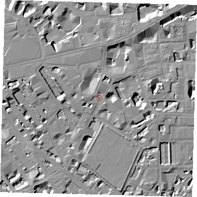 Shaded relief map of the ground around SW1P1BT, computed from Environment Agency LiDAR. The ground here sits at about 5 m above sea level and falls 9 m across the surrounding 800 m. Surface water reaching this point runs off ground lying to the north-north-west, 3.8 m higher.