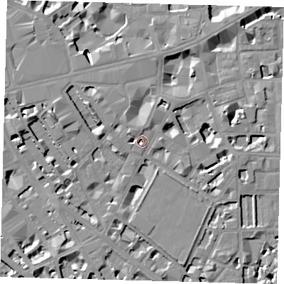 Shaded relief map of the ground around SW1P1BU, computed from Environment Agency LiDAR. The ground here sits at about 4 m above sea level and falls 9 m across the surrounding 800 m. Surface water reaching this point runs off ground lying to the north-north-east, 3.8 m higher.