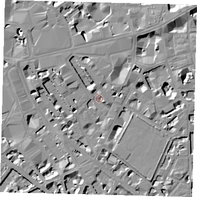 Shaded relief map of the ground around SW1P1DN, computed from Environment Agency LiDAR. The ground here sits at about 4 m above sea level and falls 10 m across the surrounding 800 m. Surface water reaching this point runs off ground lying to the east-south-east, 2.2 m higher.