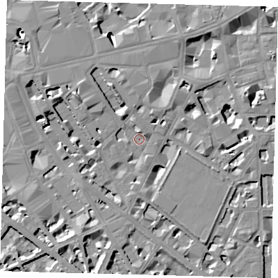 Shaded relief map of the ground around SW1P1DP, computed from Environment Agency LiDAR. The ground here sits at about 4 m above sea level and falls 10 m across the surrounding 800 m. Surface water reaching this point runs off ground lying to the north-north-west, 7.5 m higher.