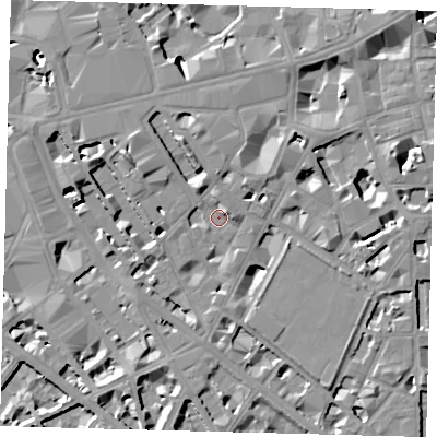 Shaded relief map of the ground around SW1P1DR, computed from Environment Agency LiDAR. The ground here sits at about 4 m above sea level and falls 10 m across the surrounding 800 m. Surface water reaching this point runs off ground lying to the north-north-west, 7.5 m higher.