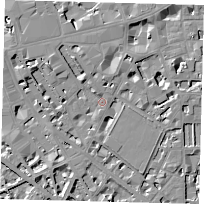 Shaded relief map of the ground around SW1P1DS, computed from Environment Agency LiDAR. The ground here sits at about 4 m above sea level and falls 10 m across the surrounding 800 m. Surface water reaching this point runs off ground lying to the north-north-west, 3.6 m higher.