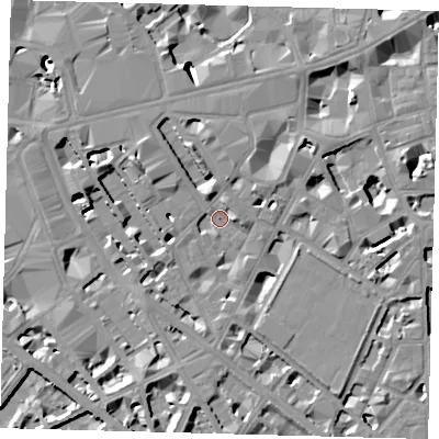 Shaded relief map of the ground around SW1P1DT, computed from Environment Agency LiDAR. The ground here sits at about 4 m above sea level and falls 10 m across the surrounding 800 m. Surface water reaching this point runs off ground lying to the north-north-west, 7.5 m higher.