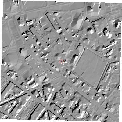 Shaded relief map of the ground around SW1P1DU, computed from Environment Agency LiDAR. The ground here sits at about 3 m above sea level and falls 8 m across the surrounding 800 m. Surface water reaching this point runs off ground lying to the north, 7.5 m higher.
