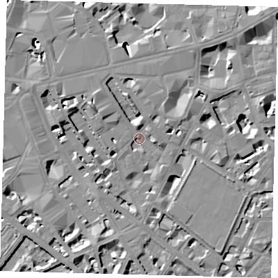 Shaded relief map of the ground around SW1P1DW, computed from Environment Agency LiDAR. The ground here sits at about 4 m above sea level and falls 10 m across the surrounding 800 m. Surface water reaching this point runs off ground lying to the north-north-west, 7.5 m higher.