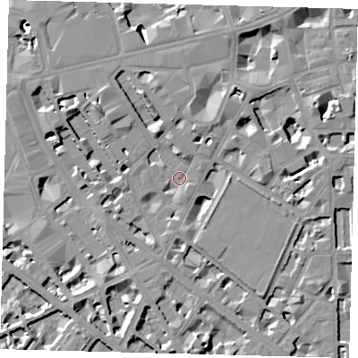 Shaded relief map of the ground around SW1P1DX, computed from Environment Agency LiDAR. The ground here sits at about 3 m above sea level and falls 10 m across the surrounding 800 m. Surface water reaching this point runs off ground lying to the north-north-west, 7.5 m higher.