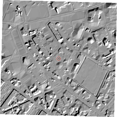 Shaded relief map of the ground around SW1P1ED, computed from Environment Agency LiDAR. The ground here sits at about 4 m above sea level and falls 10 m across the surrounding 800 m. Surface water reaching this point runs off ground lying to the north, 7.5 m higher.