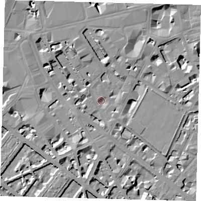 Shaded relief map of the ground around SW1P1EE, computed from Environment Agency LiDAR. The ground here sits at about 3 m above sea level and falls 10 m across the surrounding 800 m. Surface water reaching this point runs off ground lying to the north, 7.5 m higher.