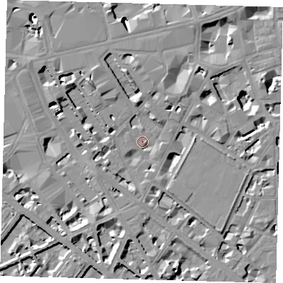 Shaded relief map of the ground around SW1P1EF, computed from Environment Agency LiDAR. The ground here sits at about 4 m above sea level and falls 10 m across the surrounding 800 m. Surface water reaching this point runs off ground lying to the north, 7.5 m higher.