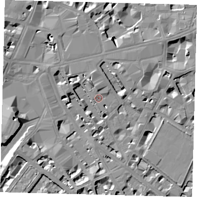 Shaded relief map of the ground around SW1P1EP, computed from Environment Agency LiDAR. The ground here sits at about 4 m above sea level and falls 13 m across the surrounding 800 m. Surface water reaching this point runs off ground lying to the north-north-west, 2.6 m higher.