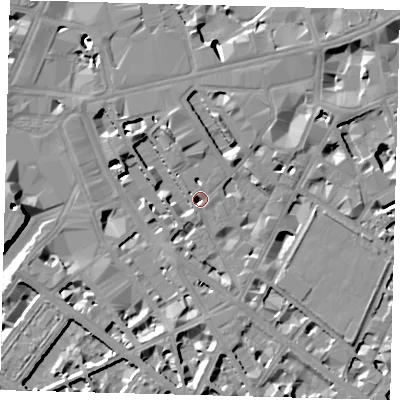 Shaded relief map of the ground around SW1P1EQ, computed from Environment Agency LiDAR. The ground here sits at about 3 m above sea level and falls 13 m across the surrounding 800 m. Surface water reaching this point runs off ground lying to the north-north-east, 7.5 m higher.
