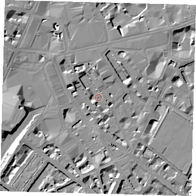 Shaded relief map of the ground around SW1P1ER, computed from Environment Agency LiDAR. The ground here sits at about 2 m above sea level and falls 13 m across the surrounding 800 m. Surface water reaching this point runs off ground lying to the north, 7.4 m higher.
