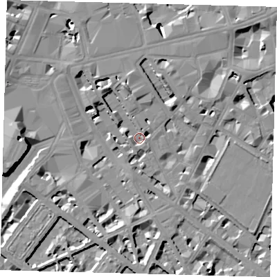 Shaded relief map of the ground around SW1P1ET, computed from Environment Agency LiDAR. The ground here sits at about 2 m above sea level and falls 13 m across the surrounding 800 m. Surface water reaching this point runs off ground lying to the north-north-east, 7.5 m higher.