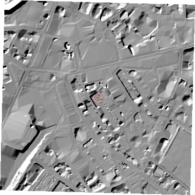 Shaded relief map of the ground around SW1P1EW, computed from Environment Agency LiDAR. The ground here sits at about 2 m above sea level and falls 19 m across the surrounding 800 m. Surface water reaching this point runs off ground lying to the north-east, 7.4 m higher.