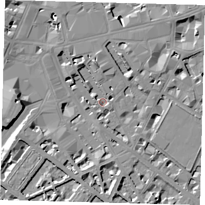 Shaded relief map of the ground around SW1P1EY, computed from Environment Agency LiDAR. The ground here sits at about 2 m above sea level and falls 13 m across the surrounding 800 m. Surface water reaching this point runs off ground lying to the north-north-east, 7.5 m higher.