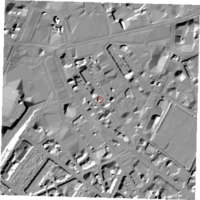 Shaded relief map of the ground around SW1P1EZ, computed from Environment Agency LiDAR. The ground here sits at about 2 m above sea level and falls 13 m across the surrounding 800 m. Surface water reaching this point runs off ground lying to the north, 7.4 m higher.