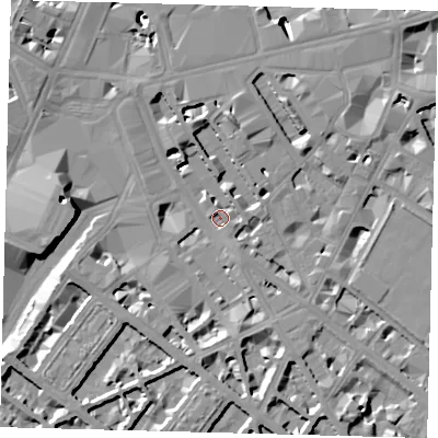 Shaded relief map of the ground around SW1P1FZ, computed from Environment Agency LiDAR. The ground here sits at about 2 m above sea level and falls 13 m across the surrounding 800 m. Surface water reaching this point runs off ground lying to the south, 4.8 m higher.