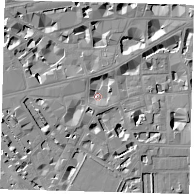 Shaded relief map of the ground around SW1P1HE, computed from Environment Agency LiDAR. The ground here sits at about 2 m above sea level and falls 9 m across the surrounding 800 m. Surface water reaching this point runs off ground lying to the east-north-east, 4.4 m higher.