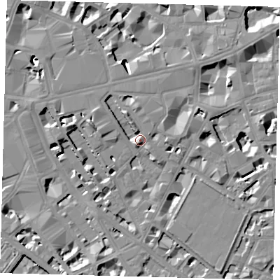 Shaded relief map of the ground around SW1P1HW, computed from Environment Agency LiDAR. The ground here sits at about 5 m above sea level and falls 10 m across the surrounding 800 m. Surface water reaching this point runs off ground lying to the north-north-west, 4.4 m higher.