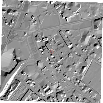 Shaded relief map of the ground around SW1P1HX, computed from Environment Agency LiDAR. The ground here sits at about 2 m above sea level and falls 13 m across the surrounding 800 m. Surface water reaching this point runs off ground lying to the north, 7.4 m higher.