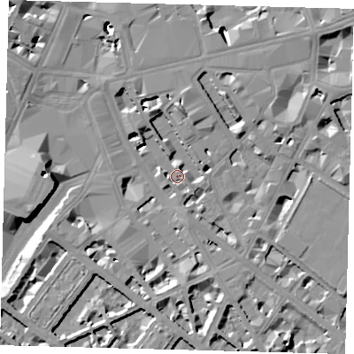 Shaded relief map of the ground around SW1P1HY, computed from Environment Agency LiDAR. The ground here sits at about 2 m above sea level and falls 13 m across the surrounding 800 m. Surface water reaching this point runs off ground lying to the west, 3.0 m higher.