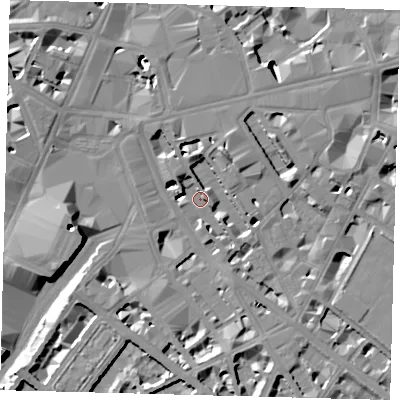 Shaded relief map of the ground around SW1P1HZ, computed from Environment Agency LiDAR. The ground here sits at about 2 m above sea level and falls 13 m across the surrounding 800 m. Surface water reaching this point runs off ground lying to the north-north-east, 6.6 m higher.
