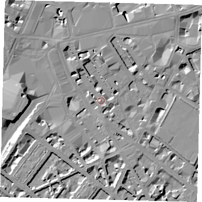 Shaded relief map of the ground around SW1P1JA, computed from Environment Agency LiDAR. The ground here sits at about 3 m above sea level and falls 13 m across the surrounding 800 m. Surface water reaching this point runs off ground lying to the south-south-east, 3.0 m higher.