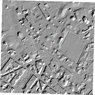 Shaded relief map of the ground around SW1P1JH, computed from Environment Agency LiDAR. The ground here sits at about 3 m above sea level and falls 8 m across the surrounding 800 m. Surface water reaching this point runs off ground lying to the south, 1.3 m higher.