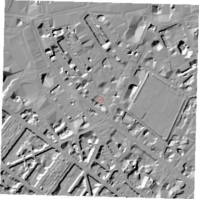 Shaded relief map of the ground around SW1P1JJ, computed from Environment Agency LiDAR. The ground here sits at about 3 m above sea level and falls 11 m across the surrounding 800 m. Surface water reaching this point runs off ground lying to the south, 3.9 m higher.