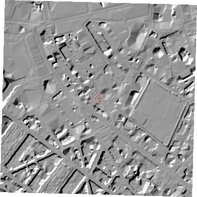 Shaded relief map of the ground around SW1P1JN, computed from Environment Agency LiDAR. The ground here sits at about 3 m above sea level and falls 11 m across the surrounding 800 m. Surface water reaching this point runs off ground lying to the south, 3.9 m higher.