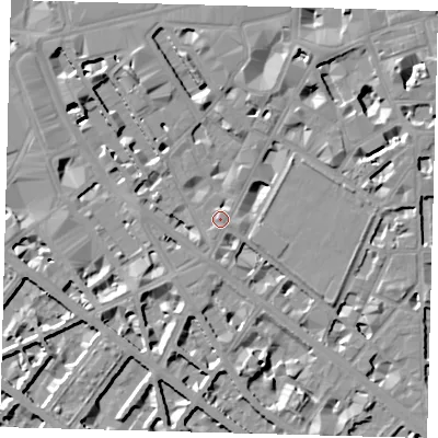 Shaded relief map of the ground around SW1P1JP, computed from Environment Agency LiDAR. The ground here sits at about 4 m above sea level and falls 8 m across the surrounding 800 m. Surface water reaching this point runs off ground lying to the north, 7.5 m higher.