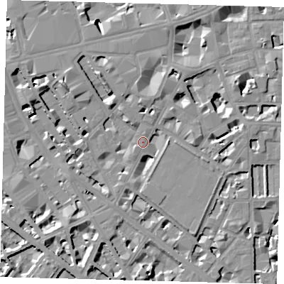 Shaded relief map of the ground around SW1P1JU, computed from Environment Agency LiDAR. The ground here sits at about 4 m above sea level and falls 9 m across the surrounding 800 m. Surface water reaching this point runs off ground lying to the north, 3.3 m higher.