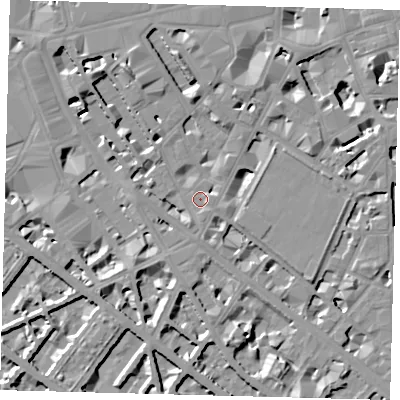 Shaded relief map of the ground around SW1P1JW, computed from Environment Agency LiDAR. The ground here sits at about 3 m above sea level and falls 8 m across the surrounding 800 m. Surface water reaching this point runs off ground lying to the north, 7.5 m higher.