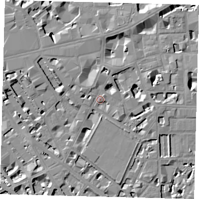 Shaded relief map of the ground around SW1P1LE, computed from Environment Agency LiDAR. The ground here sits at about 5 m above sea level and falls 9 m across the surrounding 800 m. Surface water reaching this point runs off ground lying to the north-north-west, 3.8 m higher.