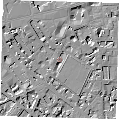 Shaded relief map of the ground around SW1P1LF, computed from Environment Agency LiDAR. The ground here sits at about 4 m above sea level and falls 9 m across the surrounding 800 m. Surface water reaching this point runs off ground lying to the north-east, 6.8 m higher.