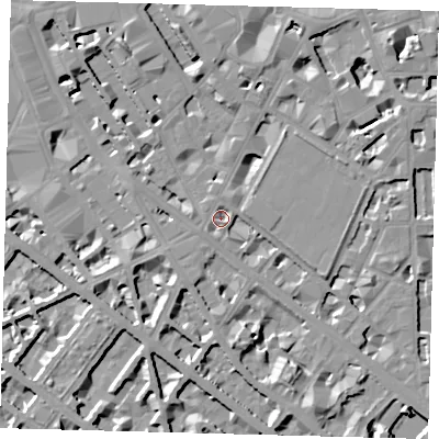 Shaded relief map of the ground around SW1P1LJ, computed from Environment Agency LiDAR. The ground here sits at about 3 m above sea level and falls 8 m across the surrounding 800 m. Surface water reaching this point runs off ground lying to the north, 7.5 m higher.