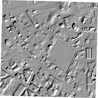 Shaded relief map of the ground around SW1P1LQ, computed from Environment Agency LiDAR. The ground here sits at about 3 m above sea level and falls 8 m across the surrounding 800 m. Surface water reaching this point runs off ground lying to the north-east, 6.8 m higher.