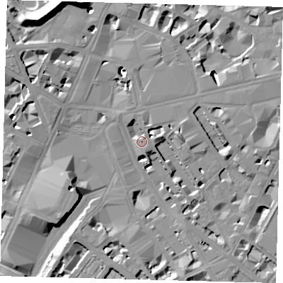 Shaded relief map of the ground around SW1P1NJ, computed from Environment Agency LiDAR. The ground here sits at about 5 m above sea level and falls 19 m across the surrounding 800 m. Surface water reaching this point runs off ground lying to the east-north-east, 3.8 m higher.