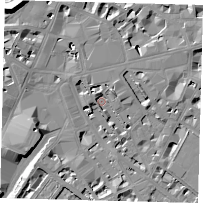 Shaded relief map of the ground around SW1P1NP, computed from Environment Agency LiDAR. The ground here sits at about 2 m above sea level and falls 19 m across the surrounding 800 m. Surface water reaching this point runs off ground lying to the north-east, 7.4 m higher.