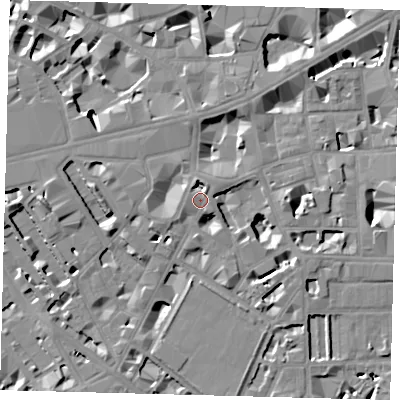 Shaded relief map of the ground around SW1P1NS, computed from Environment Agency LiDAR. The ground here sits at about 5 m above sea level and falls 9 m across the surrounding 800 m. Surface water reaching this point runs off ground lying to the north-north-west, 3.7 m higher.