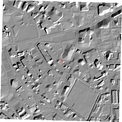 Shaded relief map of the ground around SW1P1PA, computed from Environment Agency LiDAR. The ground here sits at about 5 m above sea level and falls 10 m across the surrounding 800 m. Surface water reaching this point runs off ground lying to the west-north-west, 3.4 m higher.