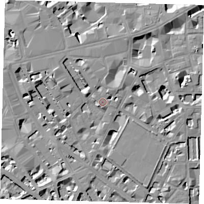 Shaded relief map of the ground around SW1P1PD, computed from Environment Agency LiDAR. The ground here sits at about 5 m above sea level and falls 10 m across the surrounding 800 m. Surface water reaching this point runs off ground lying to the north-west, 3.4 m higher.