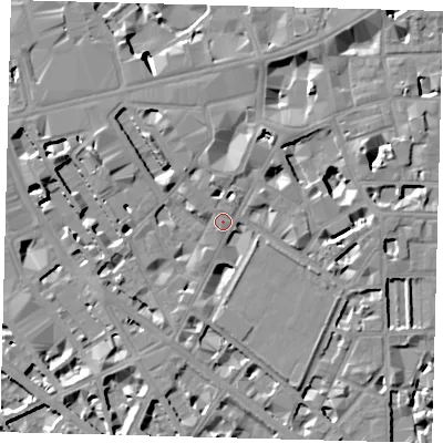 Shaded relief map of the ground around SW1P1PE, computed from Environment Agency LiDAR. The ground here sits at about 4 m above sea level and falls 9 m across the surrounding 800 m. Surface water reaching this point runs off ground lying to the north-west, 3.4 m higher.