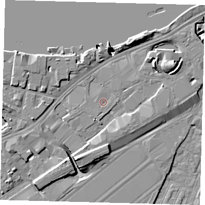 Shaded relief map of the ground around SW1P1PF, computed from Environment Agency LiDAR. The ground here sits at about 4 m above sea level and falls 52 m across the surrounding 800 m. Surface water reaching this point runs off ground lying to the south-south-west, 7.2 m higher.