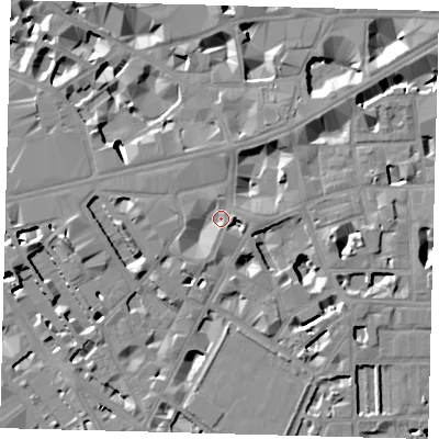 Shaded relief map of the ground around SW1P1PJ, computed from Environment Agency LiDAR. The ground here sits at about 4 m above sea level and falls 9 m across the surrounding 800 m. Surface water reaching this point runs off ground lying to the west-south-west, 2.9 m higher.